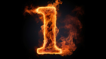 Fototapeta na wymiar Fire alphabet number 1 one isolated on black background