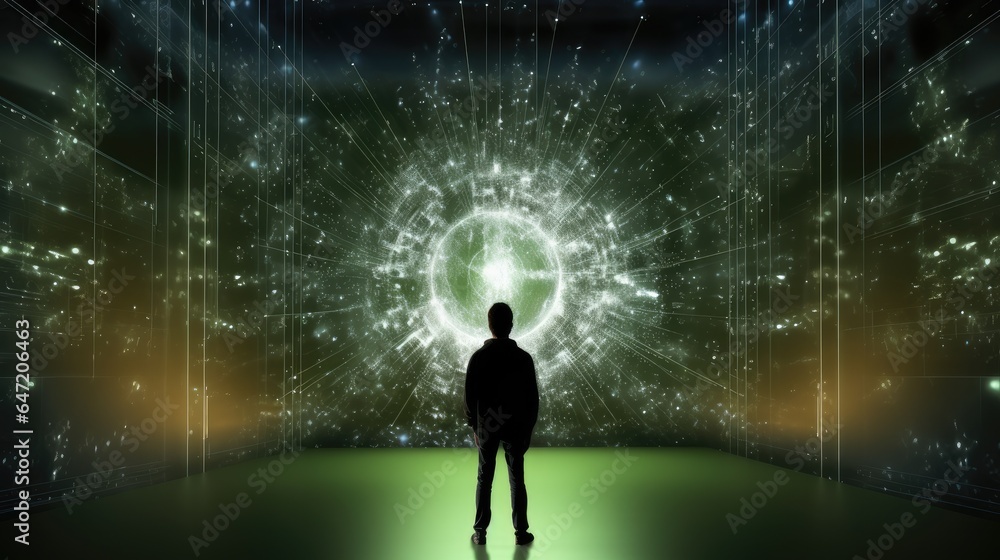 Poster rear view, man is looking at a huge screen shows a neural network diagram.