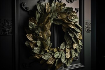 Charming photo of a handmade bay leaf wreath artfully hanging on a rustic wooden door in daylight