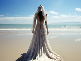 Rear view, Beautiful girl wearing a white veil and a white dress on beach.