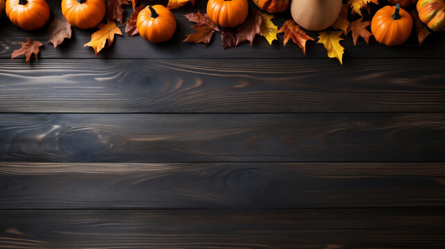 Autumn background with pumpkins, leaves and acorns on black wooden background