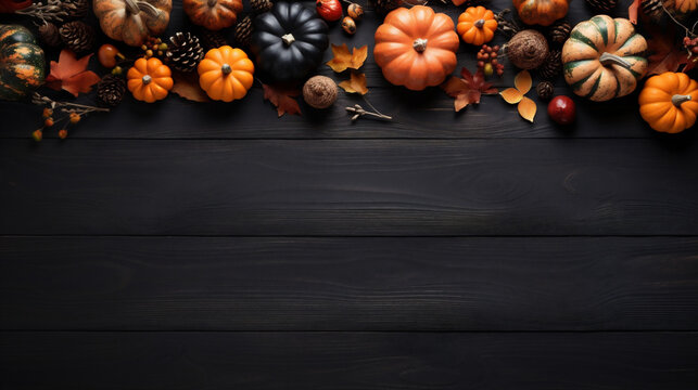 Autumn background with pumpkins, leaves and berries on dark wooden table