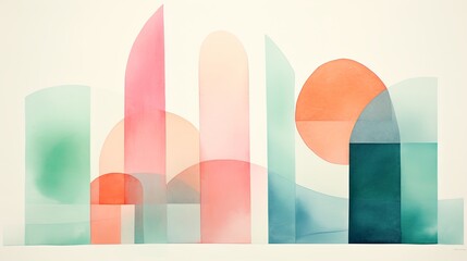 Abstract geometric composition in watercolor, city silhouette. Abstract minimalist watercolor poster.
