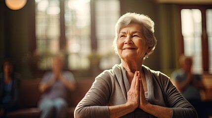 Happy grandma participating in a yoga class, emphasizing flexibility and health - obrazy, fototapety, plakaty