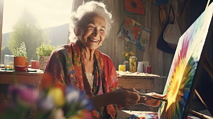 Senior woman painting on a canvas, showcasing her artistic talents