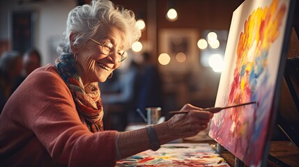 Senior woman painting on a canvas, showcasing her artistic talents