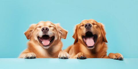 Banner two smiling dogs with happy expression. and closed eyes. Isolated on blue colored background.