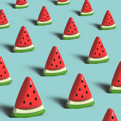 3D rendering. delicious watermelon slice Sweet summer delicious fruit. Plastic art illustration isolated pattern vector on a blue background icon set. Red and Green.