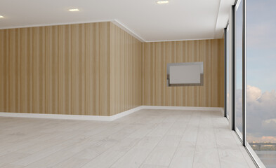 Furniture set with table, chairs and devices. 3D rendering.. Blank paintings.  Mockup.