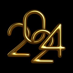 2024 gold number, isolated on black background - 3D Illustration - Happy new year 2024