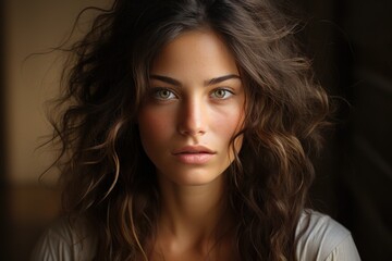 Naklejka premium portrait of a young beautiful girl with clear skin and long brunette hair