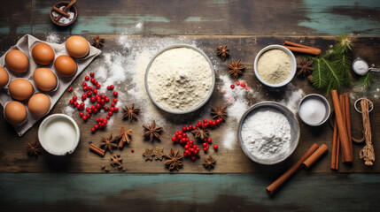 Christmas, New Year cooking background. Baking ingredients and utensils - flour, rolling pin, gingerbread, milk, eggs. Making festive Christmas sweet cookies. Top view copy space - obrazy, fototapety, plakaty