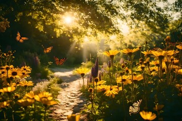 Summer's Golden Glow: A Natural Oasis with Flowers and Butterflies
