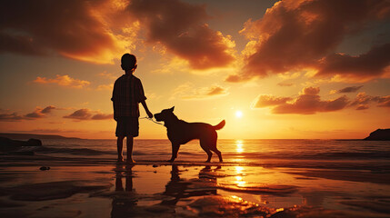 Silhouette of boy and dog playing on the beach at sunrise.