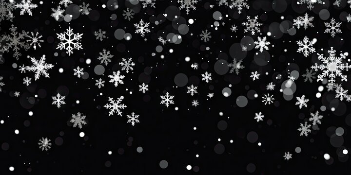 Frosty elegance. Snowflake winter wonderland on black background. Magical snowfall. Christmas delight. Winter greeting. Starry celebration