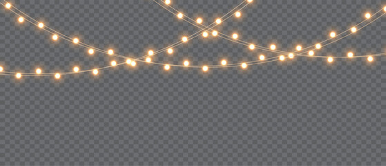 Vector Christmas Lights Magic: Realistic Isolated Design Elements for Festive Greeting Cards, Banners, Posters, and Web Design. Garland Decorations with LED Neon Lamps.