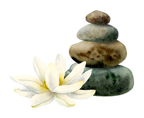 Watercolor lotus flower and balanced stones pyramid realistic illustration for yoga ans spa centers, natural cosmetics and health care