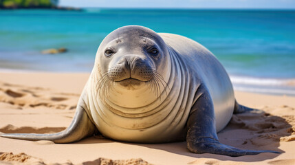 The Hawaiian monk seal (Neomonachus schauinslandi) is an endangered species of earless seal in the family Phocidae that is endemic to the Hawaiian Islands. - obrazy, fototapety, plakaty