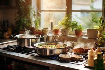 Two pans on the stove with food in the kitchen, cooking the dinner