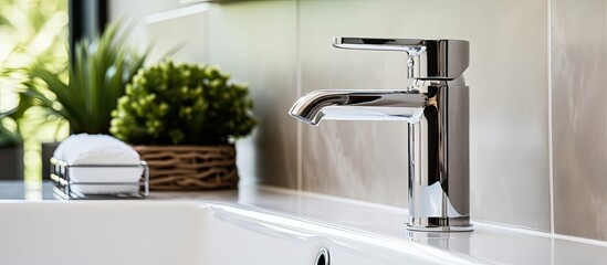 Close up of contemporary hand wash basin with chrome tap