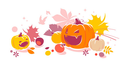 Halloween pumpkins and autumn leaves - 647209887