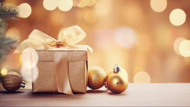 Gift Box and Ball on Bokeh Background. Beautiful 3d Cartoon Animation. Animated Greeting Card New Years Eve.