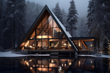 A modern triangular a-frame house with large panoramic windows in the forest for a weekend getaway