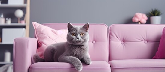 Charming grey British Shorthair cat on couch in a contemporary living room