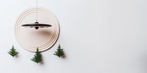 UFO/UAP christmas theme flatlay with Christmas trees and copy space