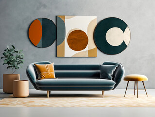 Teal curved sofa against concrete wall. Mid-century, scandinavian home interior design of modern living room.