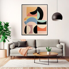 Round coffee table near grey sofa against white wall with art frame. Scandinavian home interior design of modern living room.