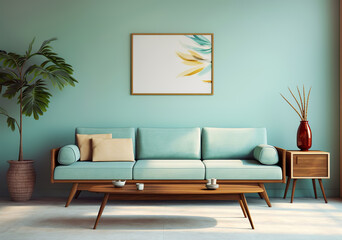 Wooden coffee table near turquoise sofa against wall with frame. Mid-century, retro, vintage style home interior design of modern living room. - obrazy, fototapety, plakaty