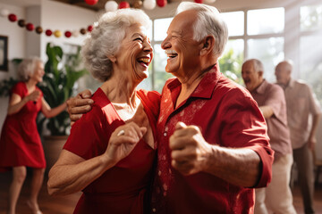 Joyful couple of seniors dancing in a party room dressed in red enjoying his retirement at christmas time