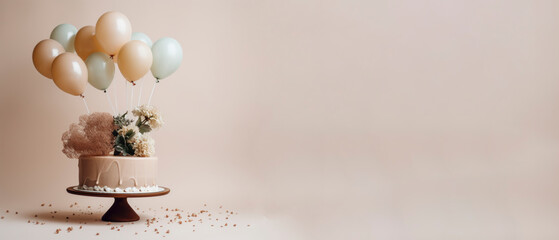 cake with decorative flowers and balloons on neutral background