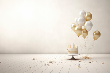 neutral white cake on wooden floor with gold and white balloons - obrazy, fototapety, plakaty