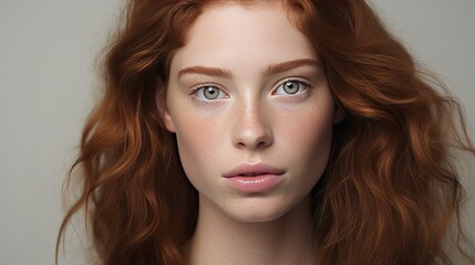Naklejka premium Model with a neutral expression, emphasizing facial features, set against a plain white backdrop