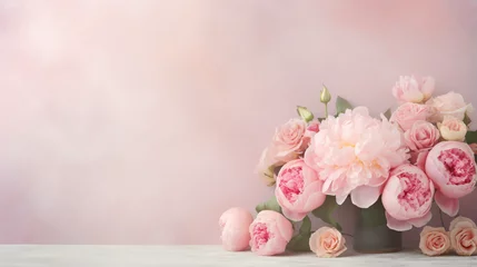  Fresh bunch of pink peonies and roses with copy space © khan