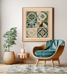 Wooden chair with teal cushion against white wall with art poster frame. Mid-century style home interior design of modern living room. - obrazy, fototapety, plakaty