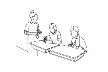 simple continuous line drawing of teacher gives the task of compiling a robot puzzle. Education minimalist concept, simple line, vector illustration.