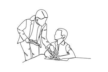 simple continuous line drawing of teacher scold of wrong student. Education minimalist concept, simple line, vector illustration.