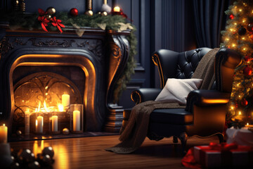 Christmas interior of a room, living room, with a fireplace, a Christmas tree, an armchair. Happy new year and merry christmas. Celebration atmosphere.