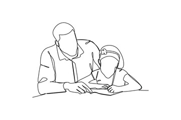simple continuous line drawing of teacher teaches a student so patiently. Education minimalist concept, simple line, vector illustration.