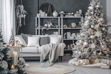 Christmas interior of the room, living room, with Christmas tree, sofa, candles, decorations. Happy new year and merry christmas. Celebration atmosphere