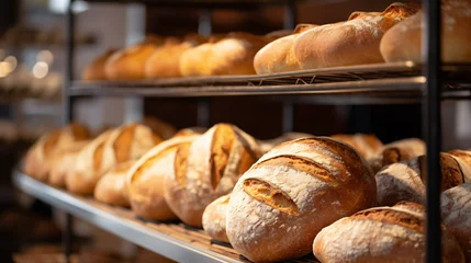 Raamstickers Freshly baked bread on a shelves in bakery baguette © khan