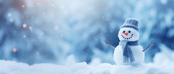 Little snowman in the blurred snow background banner