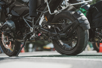 motorcycle in a sunny motorbike on the road riding.with sunset light. copyspace for your individual text. dry road	