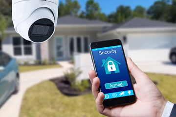 Security camera and smart home app, private house on the background.