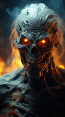 Fototapeta premium Zombie emerges from the shadows, its eyes radiating an eerie glow, hinting at its otherworldly nature and malevolent intentions. Generative AI