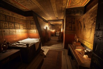 Exploring hidden tombs of Egyptian pharaohs reveals King Tut's pyramid interior with ancient hieroglyphs under natural illumination. Generative AI - obrazy, fototapety, plakaty