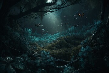 Fototapeta na wymiar Intricate dark forest with luminescent insects, rendered digitally using 3D graphics. Generative AI